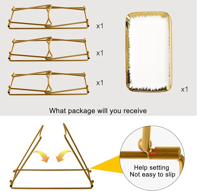 HAPPY KIT 3 Tier Serving Tray Set with Gold Freely Combinable Rack,12 Inch Tiered Tray Stand,Widened Porcelain Platters,Cupcake Stand Collapsible,Gold-Rimmed