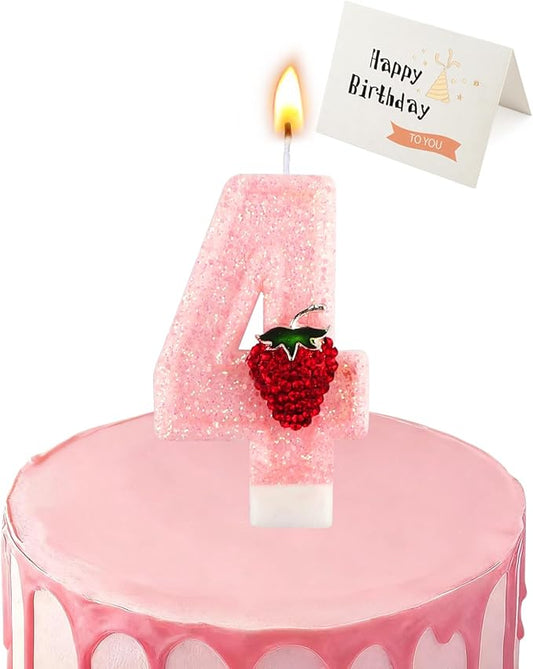 Birthday Candles for Cake, Pink Number Candles, Cake Candles with Greeting Card for Birthday Party Wedding Anniversary Celebrations (Strawberry 4 Candle)