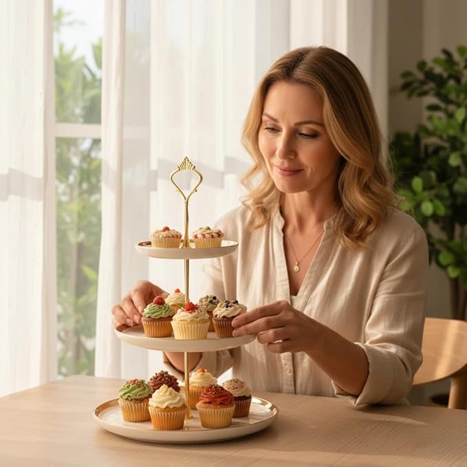 3-Tier Ceramic Cupcake Stand with Gold Trim - Elegant Dessert Serving Platter for Cakes, Pastries, Snacks & Fruits - Parties, Afternoon Tea & Home Decor (White)