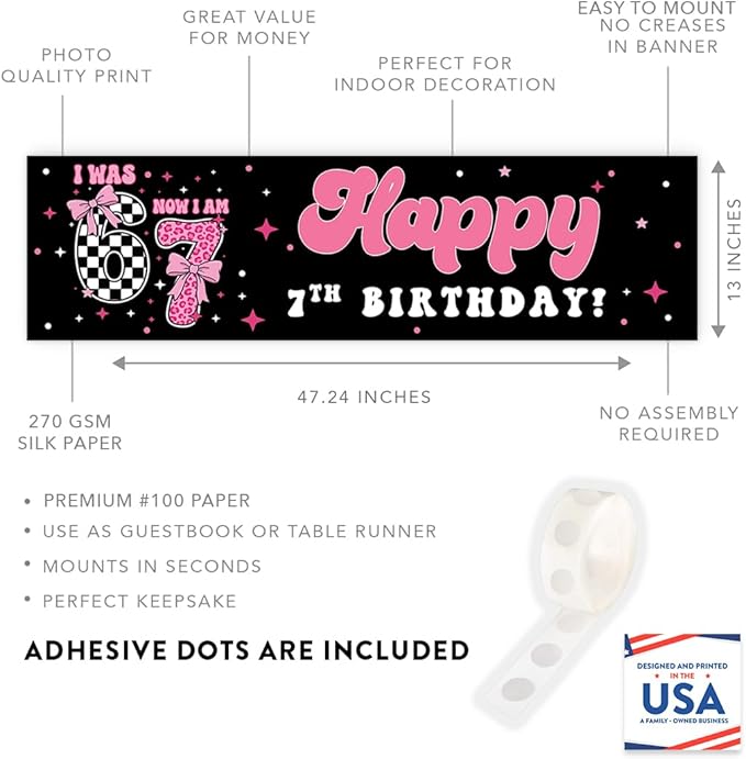 Andaz Press 13x48 Inch 6 7 Birthday Banner Decorations, I Was 6 Now I Am 7 Birthday Banner Coquette Pink Bow 67 Happy Birthday Party Banner for Girls, Home or Party Decor Backdrop Sign with Adhesive