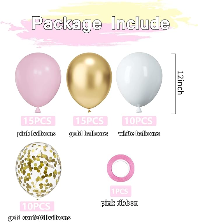 Pink and Gold Balloons, 50pcs 12 Inches Pink White Gold Confetti Balloons with 1 Ribbon for Birthday Baby Shower Wedding Bridal Shower Princess Themed Party Decorations