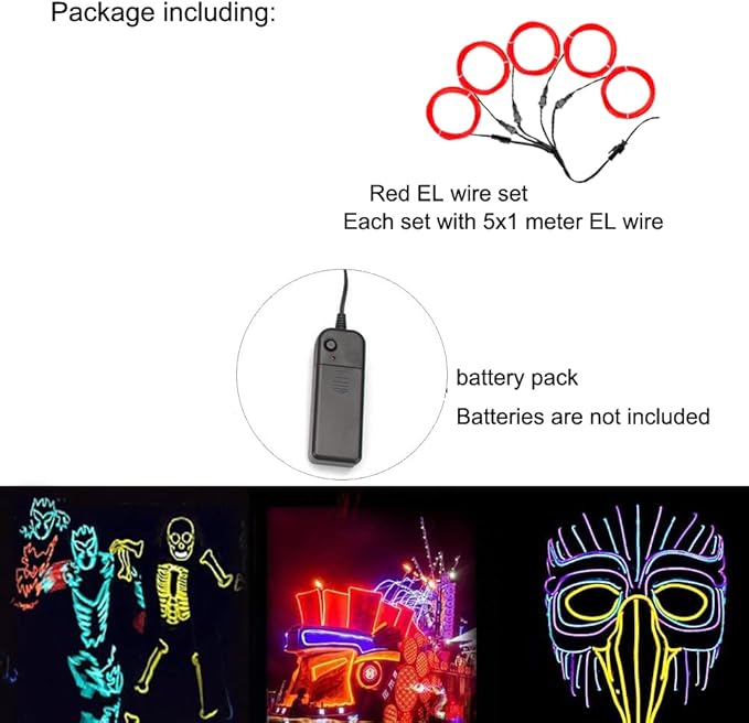 Neon Light 5-in-1 Meter Wire，Portable Battery Pack with Decorative Wire，Suitable for Birthday Parties，Thanksgiving and Other Occasions. (Red)