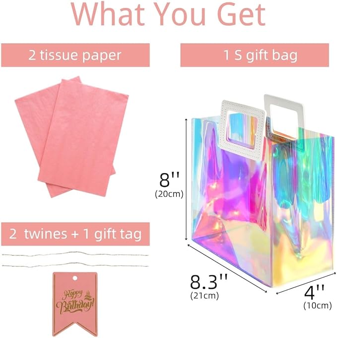 8.3'' Holographic Small Birthday Gift Bag with Tissue Paper and Happy Birthday Gift Tag for Women Girls Mothers (S- Glossy Coral)