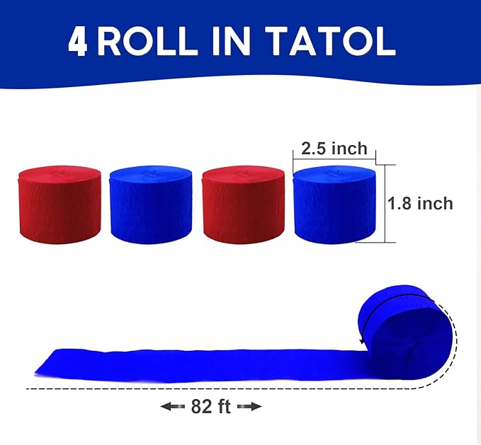 4 Rolls Crepe Paper Red Royal Blue Streamers – Perfect for Streamers Party Decorations, Wedding, Birthday, Colored Decor, and DIY Craft Supplies(1.8 Inch x 82 Ft/Roll)