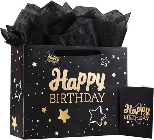 Powbrace Black Birthday Gift Bag with Tissue Paper and Greeting Card, 13'x10.2'x4.9', Medium (1-Piece Set, Black Starry Sky, Unisex, Includes Card, Ribbon, Crinkle Paper)