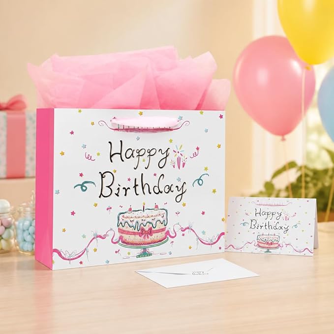 Oletx 13" Large Happy Birthday Pink Paper Bags,Pink Gift Party Favor Bags with Tissue Paper Birthday Card for Women's Party,Mother's Day,Valentine's Day