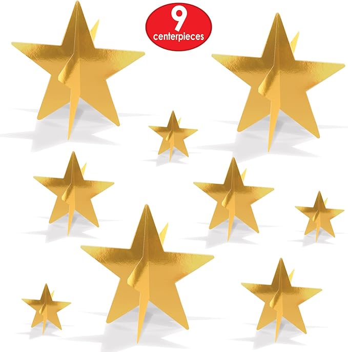 Beistle Gold 3-D Foil Star Centerpieces, 9-Count – Metallic Starry Table Decorations in 3 Sizes for New Year’s Eve, Awards Night, Graduation, Hollywood Party, Anniversary and Celebration Events