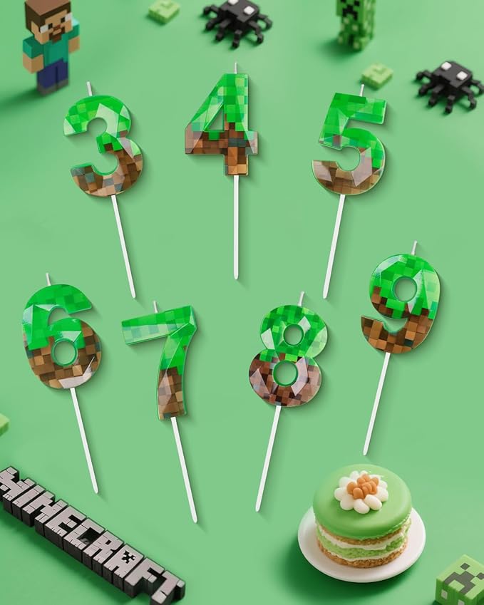 Pixel Birthday Candle, 2.68 Inch Miner Number Candles, Game Themed Candle Birthday Decoration for Pixel Theme Birthday Anniversary Dynamite Video Game Party (Green, 3)