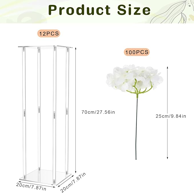 Geetery Tall Acrylic Wedding Flower Stand Centerpieces Clear Elegant Vase Column Stand with Artificial Hydrangea Flowers for Wedding Party Table Home Decorations(12 Pcs,28 Inch)