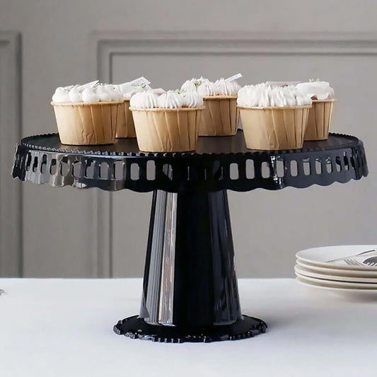 Efavormart 4 Pack | 13" Black Round Pedestal Footed Reusable Plastic Cupcake Stands with Interchangeable Ribbon Trim Edge