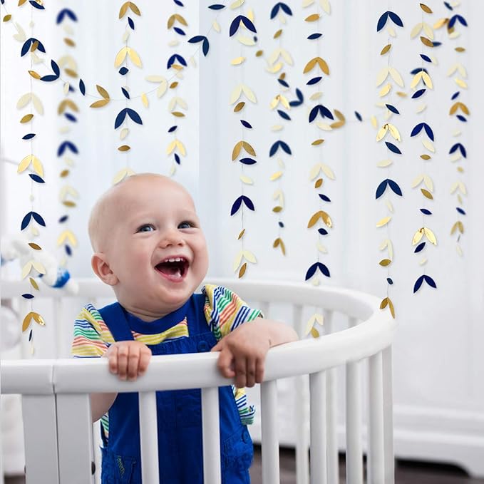 52 Ft Navy Blue Gold Party Decorations Royal Blue Gold Leaf Garland Paper Hanging Leaves Streamer Banner for Spring Birthday Bachelorette Engagement Anniversary Wedding Bridal Shower Party Supplies