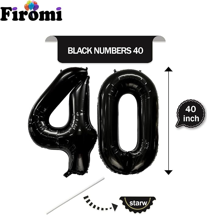 FIROMI 40 Number Balloons Black Big Giant Jumbo Mylar Foil 40 Balloon Numbers for 40th Birthday Party Anniversary Decorations 40-inches