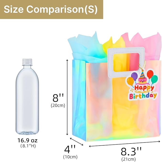 VUOJUR 8.3'' Small Birthday Gift Bag with Tissue Paper and Happy Birthday Gift Tag for Girl-Colorful