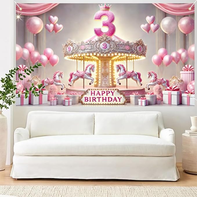 1PC 79x47 Inch Pink Carousel 3rd Birthday Party Backdrop Banner with Happy Birthday Text Balloons and Gift Boxes for Girls Birthday Celebration Indoor Outdoor Wall Door Porch Decoration