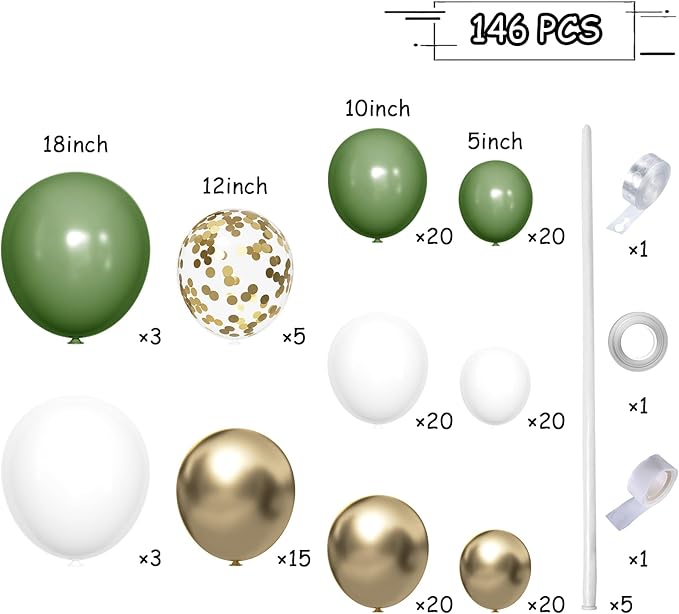 MEBAY Green White Gold Balloon Arch Kit, 146Pcs Avocado Green Metallic Chrome Gold Confetti and White Latex Balloons for Wedding Birthday Baby Shower Decoration