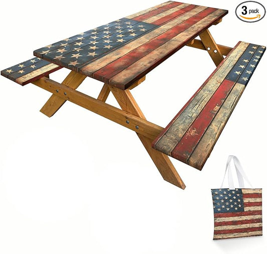 American Flag Picnic Table Cover with Bench Covers and Carrying Bag, Wooden Planks Texture Rectangle Table Cover, Outdoor Patio Camping Essentials 6FT 4PCS, Camping Fitted Tablecloth