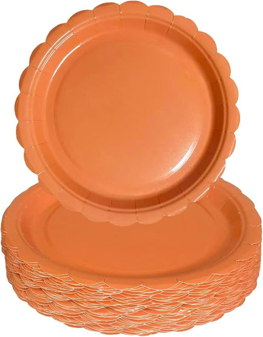 100 Pcs Scalloped Paper Plates, 7 Inch Orange Paper Plates, Premium Heavy Duty Disposable Dessert Plates for Wedding, Valentine's, Birthdays, Baby Showers, Parties (Orange, 7 In)