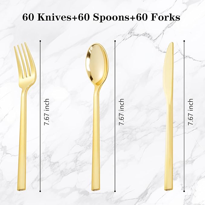 Rubtlamp 3 Packs of 60 Pcs Gold Plastic Silverware - 180 Pcs Heavy Duty Disposable Plastic Utensils - Gold Plastic Cutlery Set for Party&Wedding