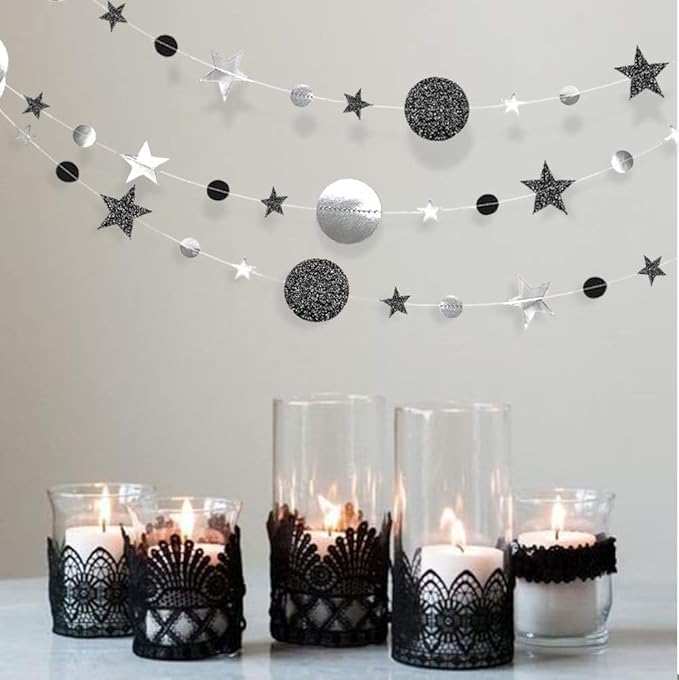 Cheerland Twilight Birthday Decoration Black Silver Moon Garland Full Moon Star Streamer Gothic Party Decor Garland Ramadan Eid Mubarak Glitter Banner Celestial Baby Shower Summerween Halloween