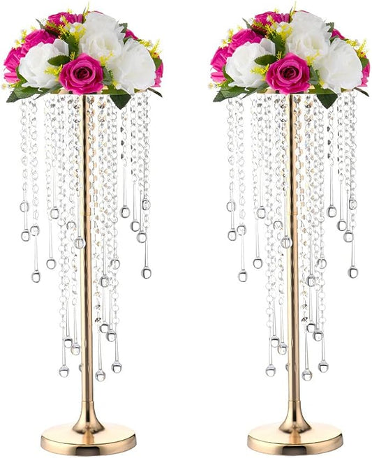 21.6in Gold Wedding Centerpieces for Table, 2Pcs Tall Vases Wedding Centerpieces with Sparkling Crystal Beads, Metal Flower Stand for Wedding Reception Party Events Home Decor