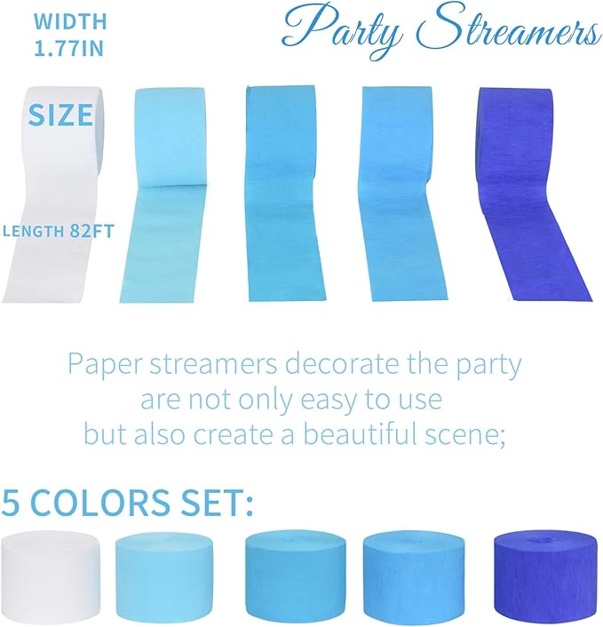 Blue Crepe Paper Streamers Birthday Graduation Party Decorations(5 Rolls)- Light Blue, Dark Blue, Navy Blue, White Paper Crafts for Blue Theme Party Supplies, Baby Boy Shower, Hanging Party Décor