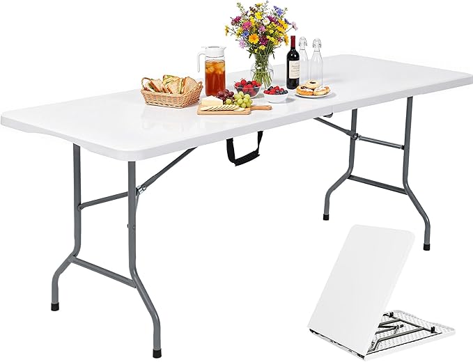 YITAHOME 6ft Folding Table w/1.5" Thick Tabletop Heavy Duty, Portable Outdoor Folding Table w/Carrying Handle for Camping Picnic Parties/Indoor Events, White