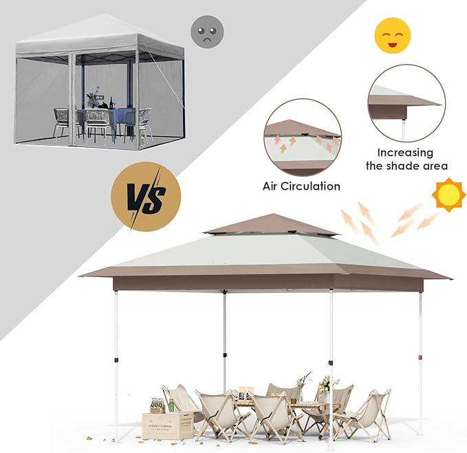 Arlopu Pop Up Canopy Tent with 1-Person Set up, Camping Instant Durable Shelter, Outdoor Gazebo Beach Shade with Wheeled Bag, 4 Sand Bags for Weight (Khaki, 13FTX13FT)