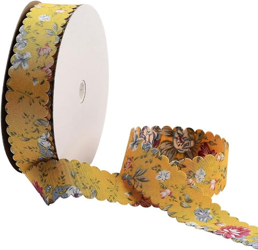 20 Yards Floral Print Ribbon Vintage Flower Pattern Ribbon Gold Spring Polyester Wavy Edge Fabric Ribbons Bulk with Spool for Sewing Making Wreaths Gift Wrapping Crafts Wedding Christmas