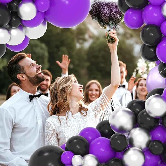 Purple Black Silver Balloon Garland Arch Kit - 121PCS Purple Black Balloons Metallic Silver Balloon for Purple Wedding Birthday Engagement Graduation Party Decorations
