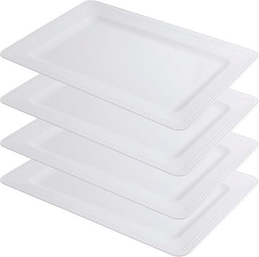 Melamine Beaded Serving Platters for Appetizer, Veggie, Charcuterie,Dessert, Set of 4, White Serving Trays for Party & Entertaining, Large Unbreakable Rectangular Party Platters, Dishes