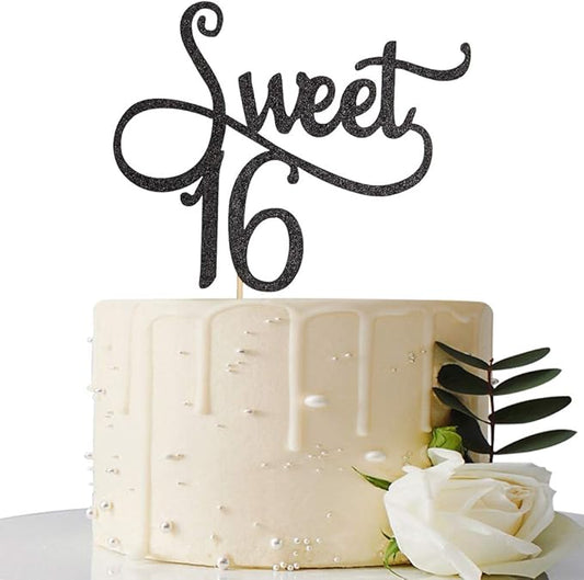 Black Glitter Sweet 16 Cake Topper -16th Birthday Cake Topper - Sweet Sixteen Party Themes Decoration Supplies