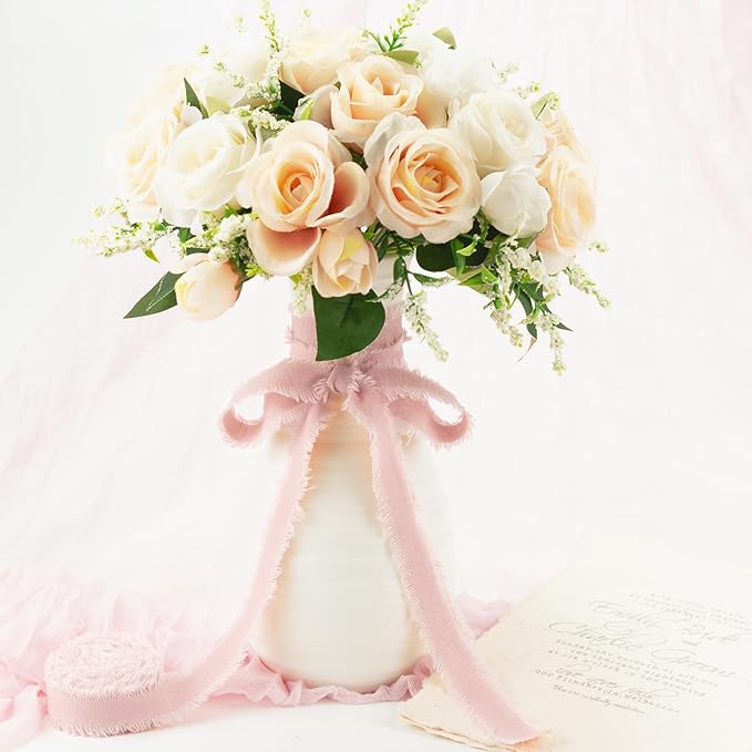 Pink Cotton Ribbon 5/8 Inch Pink 3 Rolls 21 Yards Frayed Edge Fabric Set for Bridal Shower, Baby Shower, Wedding Invitations, Birthday Party & Gift Wrapping