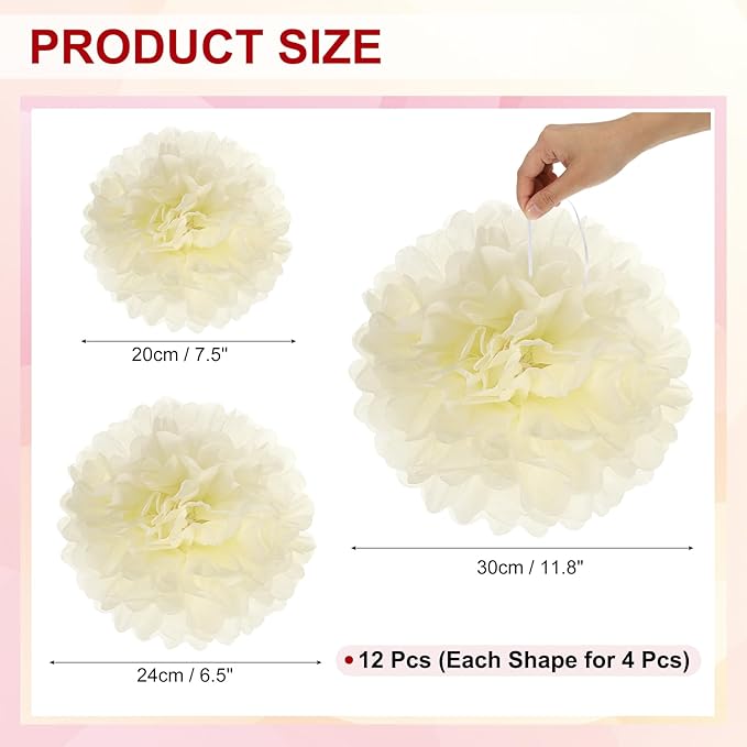 PATIKIL 8" 10" 12" Tissue Paper Pom Poms, 12PCS Pom Poms Paper Flowers Ball Tissue Paper Flowers Assorted Size for Wedding Bridal Shower Birthday Party Backdrop Decoration, Beige