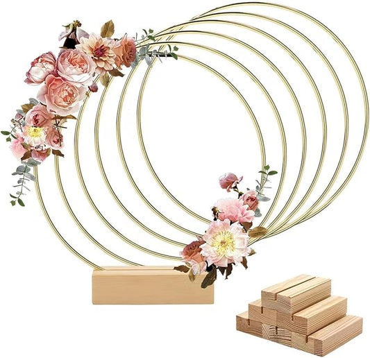 Worown 6 Pack 12 Inch Metal Floral Hoop Centerpiece, Gold Metal Rings with Wooden Stand for Table Decor, Wedding Wreath Decor, Wall Hanging and Dream Catcher Crafts
