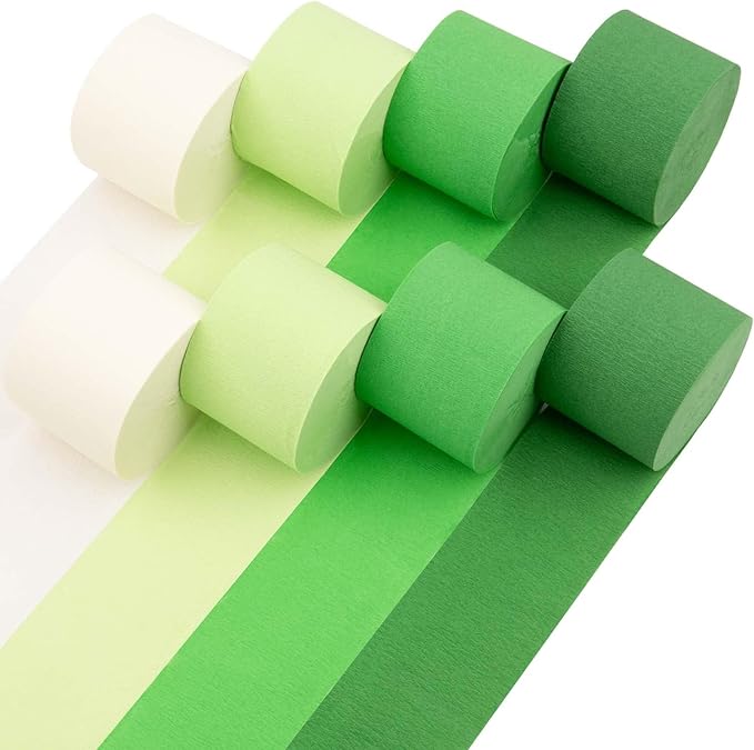 Captain Décor 8 Green Streamers with White, 656ft Pack of Green Crepe Paper Roll for Party Decorations, Party Streamers for Birthday Decorations (1.8 inch x 82 ft/Roll)