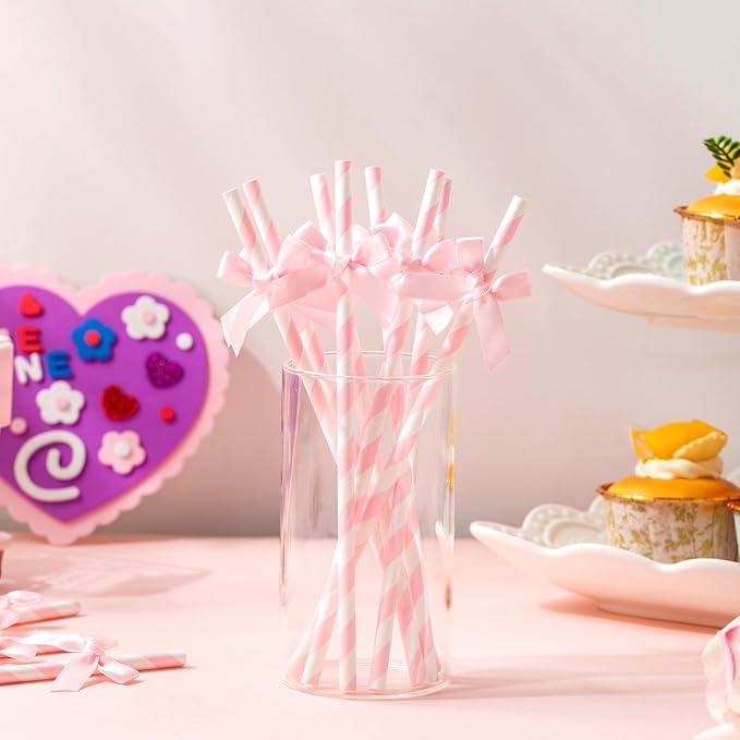 Potchen 150 Pcs Valentine's Day Bow Paper Straws Bulk Pink and White Disposable Striped Straws for Drinking, Valentines Theme Party Supplies for Birthday Wedding Cake Bachelorette Baby Shower Decor