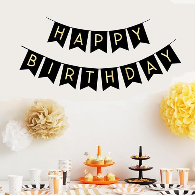 Fecedy Black Happy Birthday Bunting Banner with Shiny Gold Letters Pre-Strung No DIY for Birthday Party Decorations (Black)