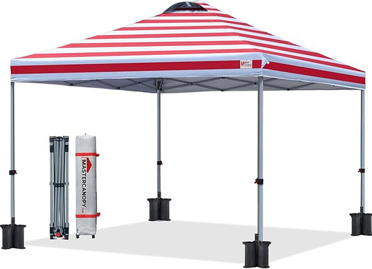 MASTERCANOPY Durable Pop-up Canopy Tent with Roller Bag (10x10, Red Stripe)