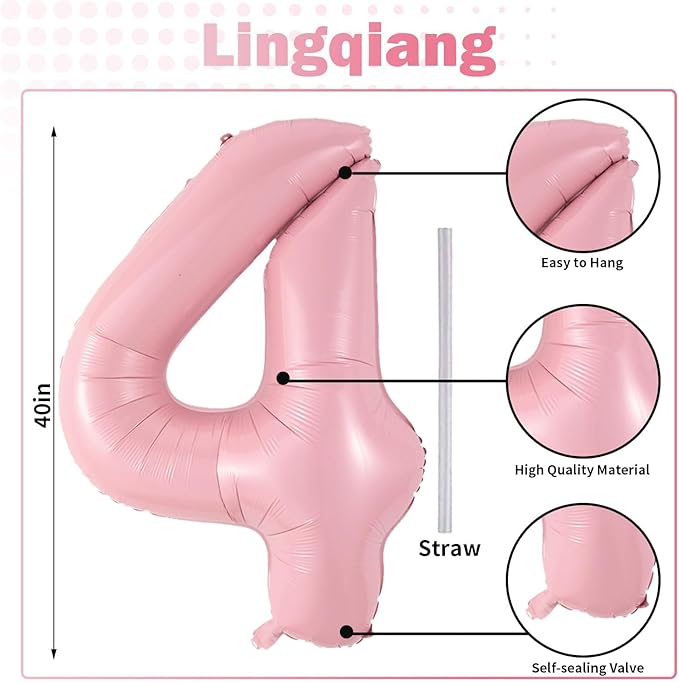 40 Inch Pastel Pink Foil Balloon Number 4, Large Self Inflating Light Pink Number Balloons 0-9 Pearl Pink Helium Number Balloons Set for Girls 4th Birthday Women Anniversary Party Decoration Supplies
