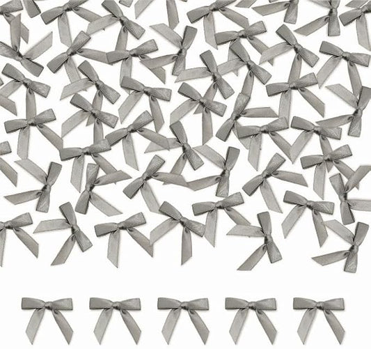 Meseey 100 Pcs 1.5 Inches Premade Craft Bows Self Adhesive Grey Satin Ribbon Bows for Treat Bags Gift Wrapping Basket Wedding Baby Shower Brithday Party(Grey)