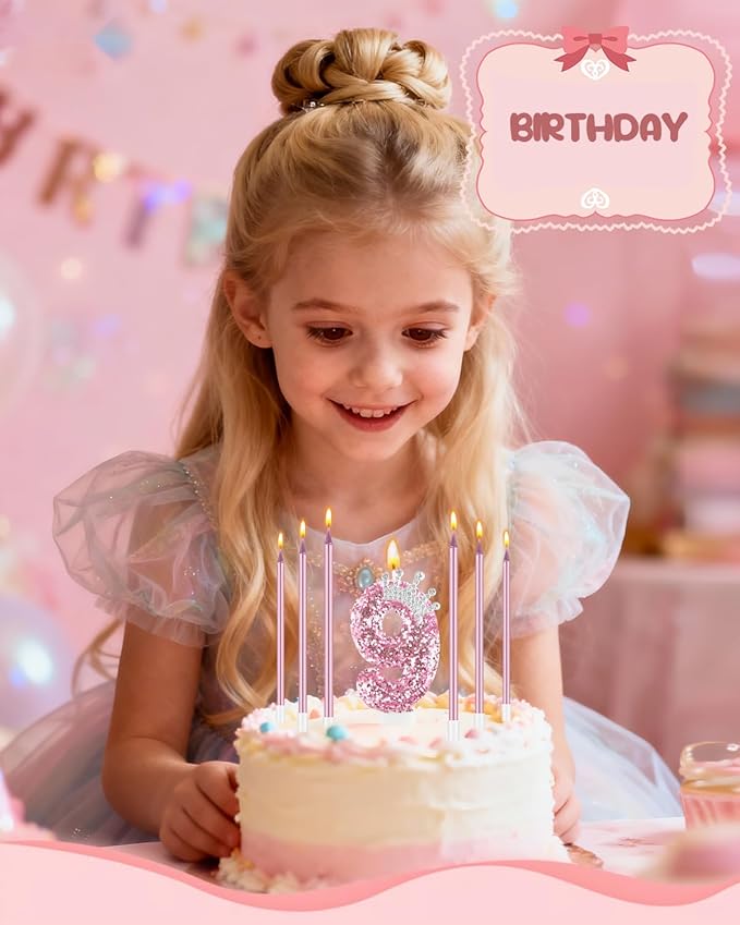 Birthday Candles for Cake, Pink Number Candles, Cake Candles with Greeting Card for Birthday Party Wedding Anniversary Celebrations (9 Candle, Silver Crown)