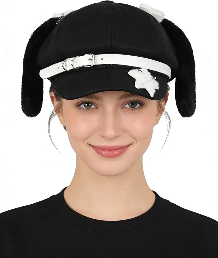 JIAHG Sweet Puppy Ears Beret Hat Cute Bunny Animal Ear Lolita Cabbie Cap Adjustable French Painter Y2K Fashion Beanie Cap