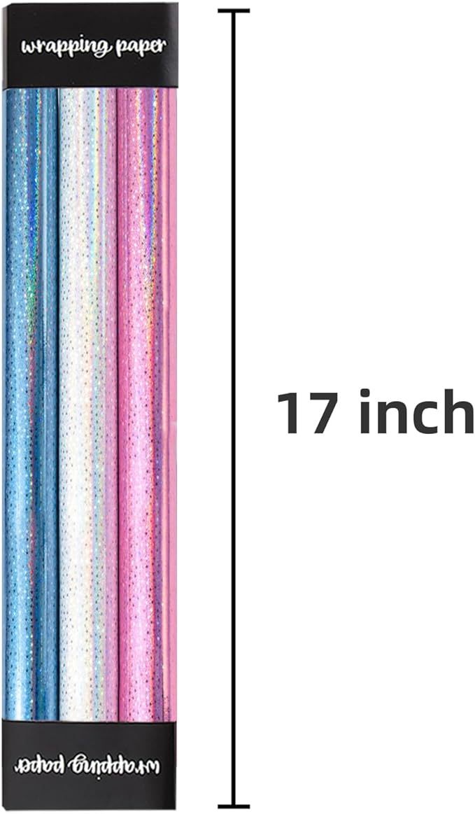 Burymento Mini Wrapping Paper Roll, Metallic Holographic Star Gift Wrap for Birthday, Valentines, Mothers day, Graduation, Wedding, Fathers day, Baby Shower, Christmas (17 Inch x 120 Inch - 3 Rolls)