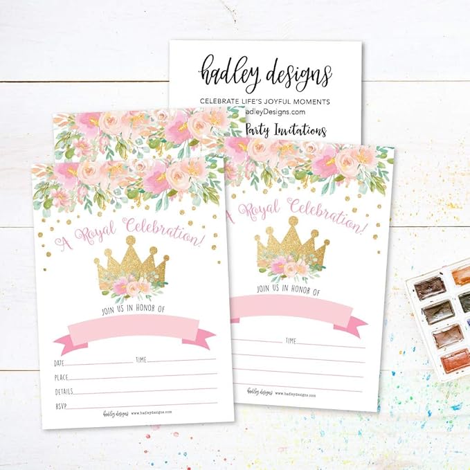 Hadley Designs Kids Birthday Invitations Girl Princess Theme - 25 Royal Birthday Party Invitations For Girls, Princess Invites For Girls, Cute Party Supplies, Made in USA