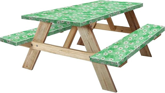 8ft Picnic Table and Bench Cover, Camping Essentials RV Gear, 96 in Waterproof Windproof Outdoor Elastic All Around Tablecloth, Fitted Rectangle Tables and Seats, Green Chrysanthemum