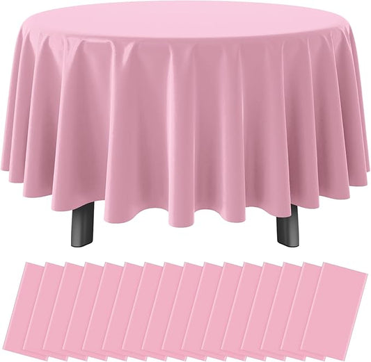 16 Pack Light Pink Plastic Tablecloth for Round Tables, Premium Decorative Pink Disposable Table Cloths for Parties, Bulk Round Party Table Cover for Birthday Wedding Anniversary Graduation, 84 Inch
