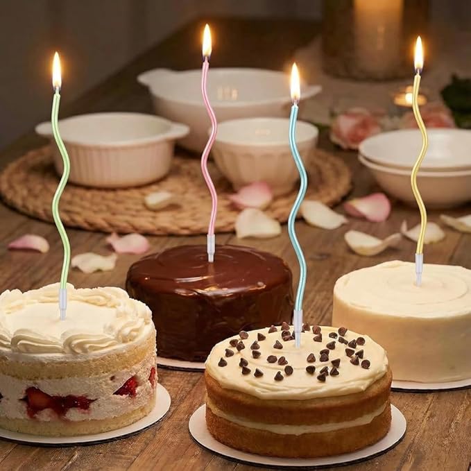 12-Count Spiral Birthday Candles, Long Twisty Party Candles with Candle Holders, Long Burning for Weddings, Birthdays, Party Decorations, Cupcakes, Anniversary and Meetups (Assorted Pastel Colours)