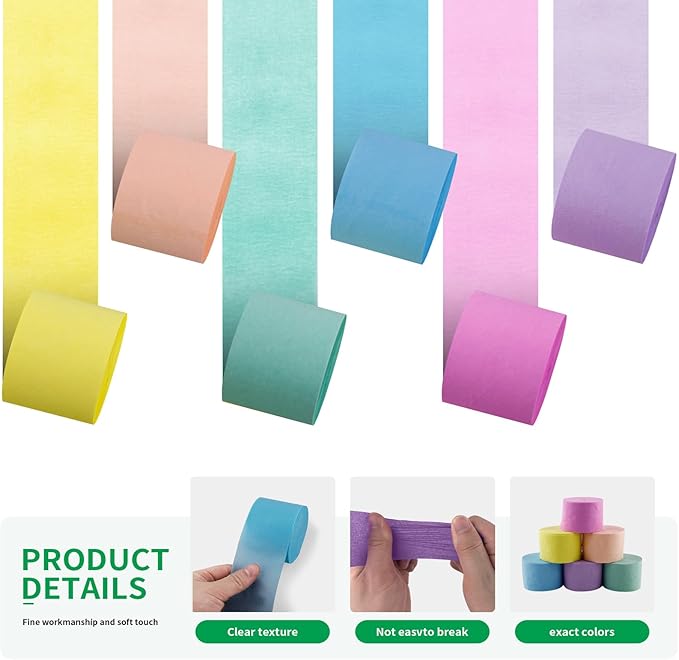 6 Rolls 738ft Crepe Paper Streamers, 6 Macaron Colors Party Streamers for Party Backdrop Craft Tissue Paper Decorations Wedding Birthday Graduation Decor DIY Supplies - 2.2 Inch x 123 Ft/Roll