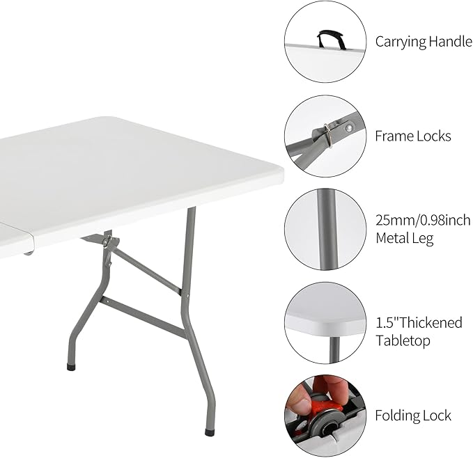 Folding Table 6ft, Portable Fold-in-Half Utility Table with Cloth for Party, Camping, Picnic, Banquet, Card, Wedding, Kitchen, BBQ - White