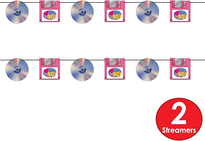 Beistle CD & Floppy Disk Streamers – 2 Pack Hanging 90s Theme Garland Decorations with Black Ribbon, Retro Party Backdrop for Birthdays, Throwback Nights and Photo Booth Displays, 7" x 5'